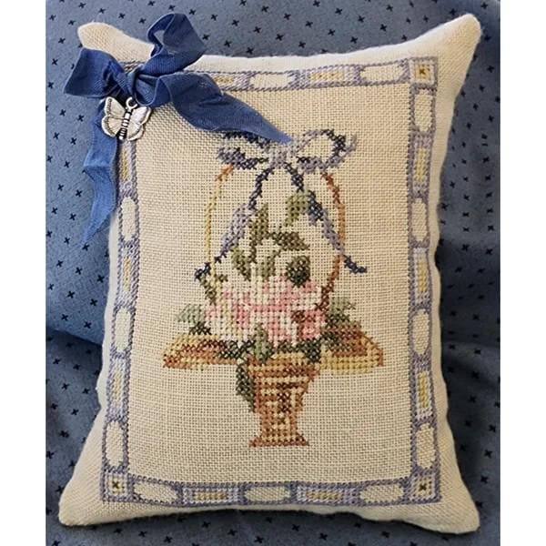 SAMPLERS NOT FORGOTTEN "Posey Basket Kit" Cross Stitch Pattern, Linen, Floss, Backing Fabric, Trim and Charm