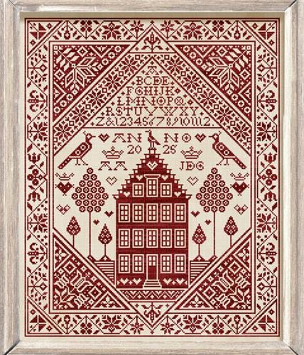 Modern Folk Embroidery "House of Hearts" Counted Cross Stitch Pattern, Monochromatic, Pattern Only