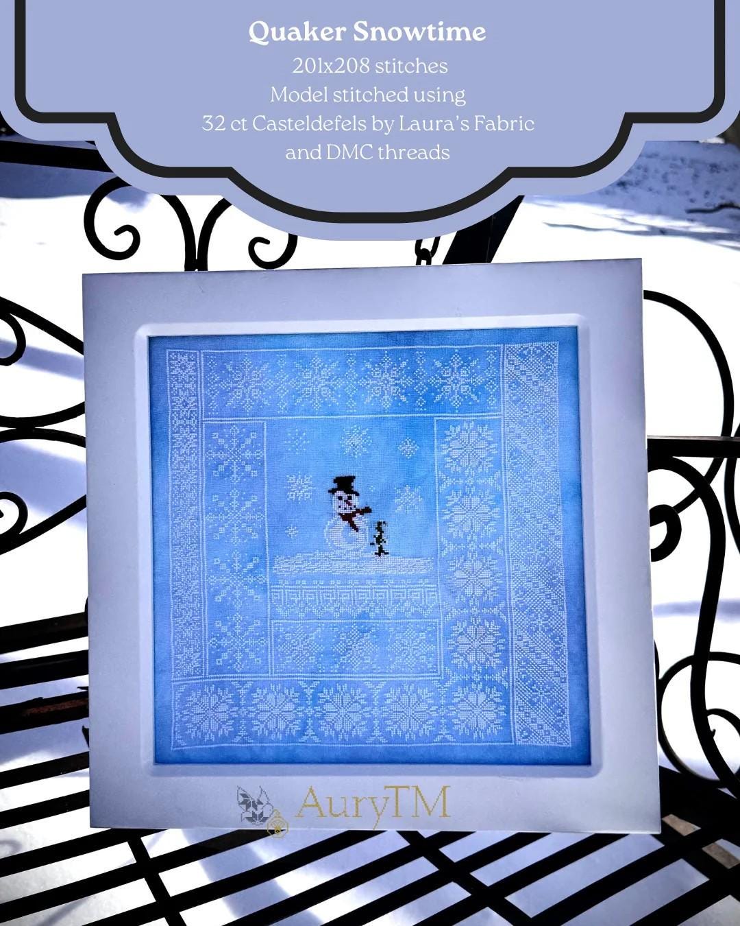 AuryTM "Quaker Snowtime" Counted Cross Stitch Pattern, Winter, Snowflakes, Quaker, Pattern Only