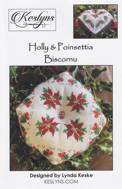 KESLYNS "Holly & Poinsettia Biscornu" Counted Cross Stitch Pattern, Chart, Christrmas, Pattern Only