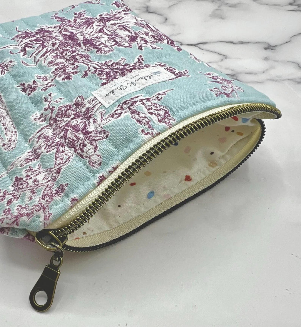Project Bag  Quilted Zipper Pouch ~ Accessory Bag Burgundy French Toile De Jouy ~ Cosmetic Bag