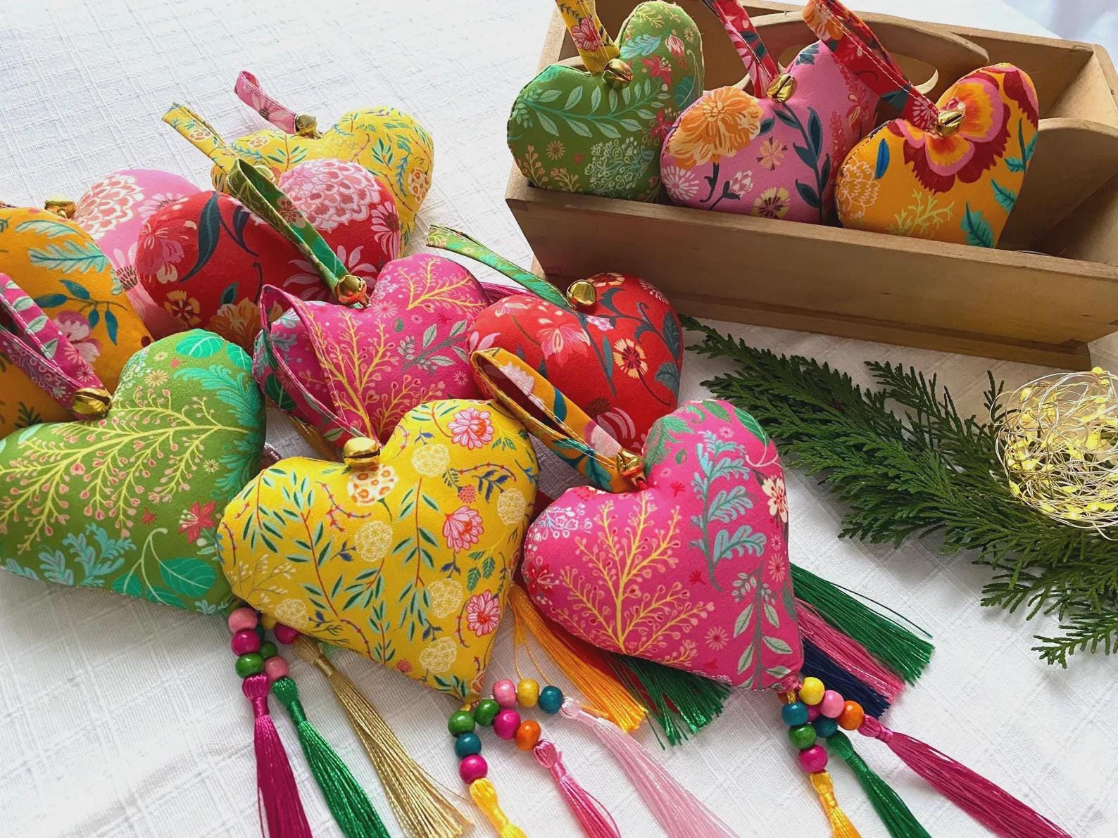Handmade Heart Decorations x12, Unique Set of 12 Love Heart Ornaments, Home Decor, Lovers Gifts for Her, Eclectic Home Decor