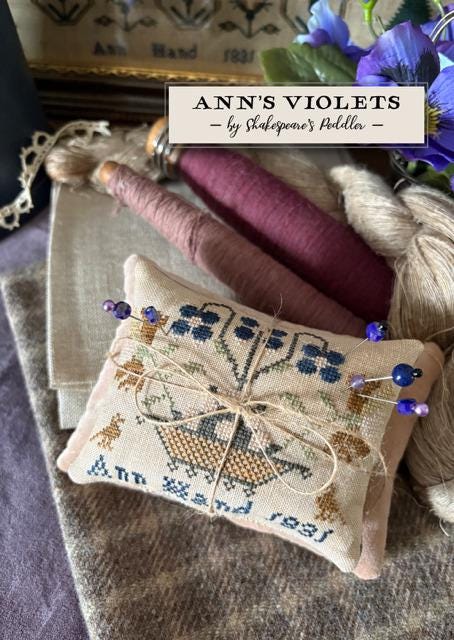 SHAKESPEARE'S PEDDLER "Ann's Violets" Counted Cross Stitch Chart, Nashville Needlework Market 2025, Pattern Only