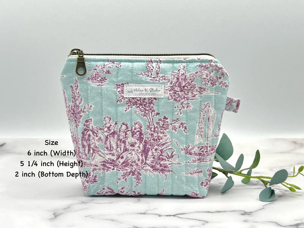 Project Bag  Quilted Zipper Pouch ~ Accessory Bag Burgundy French Toile De Jouy ~ Cosmetic Bag