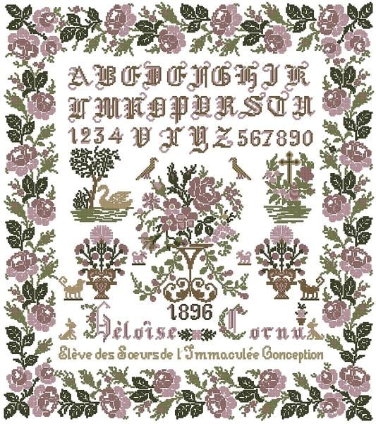 Reflets de Soie ~Heloise Cornu 1896 (powder color version) ~ Counted Cross Stitch Pattern, Antique French Sampler Reproduction, Pattern Only