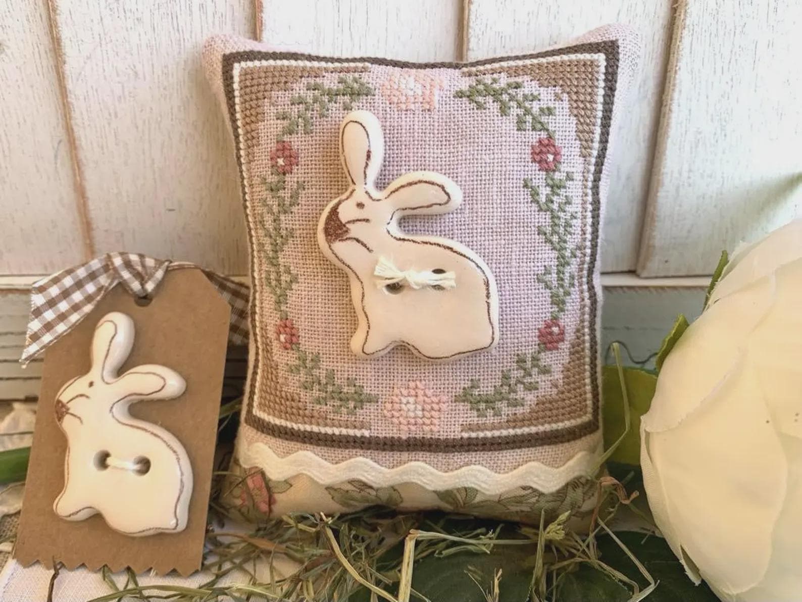 ROVARIS ~ "Rabbit Spring Ornament Little Cushion Kit" Counted Cross Stitch Pattern + KIT, Handmade from Samone, Italy