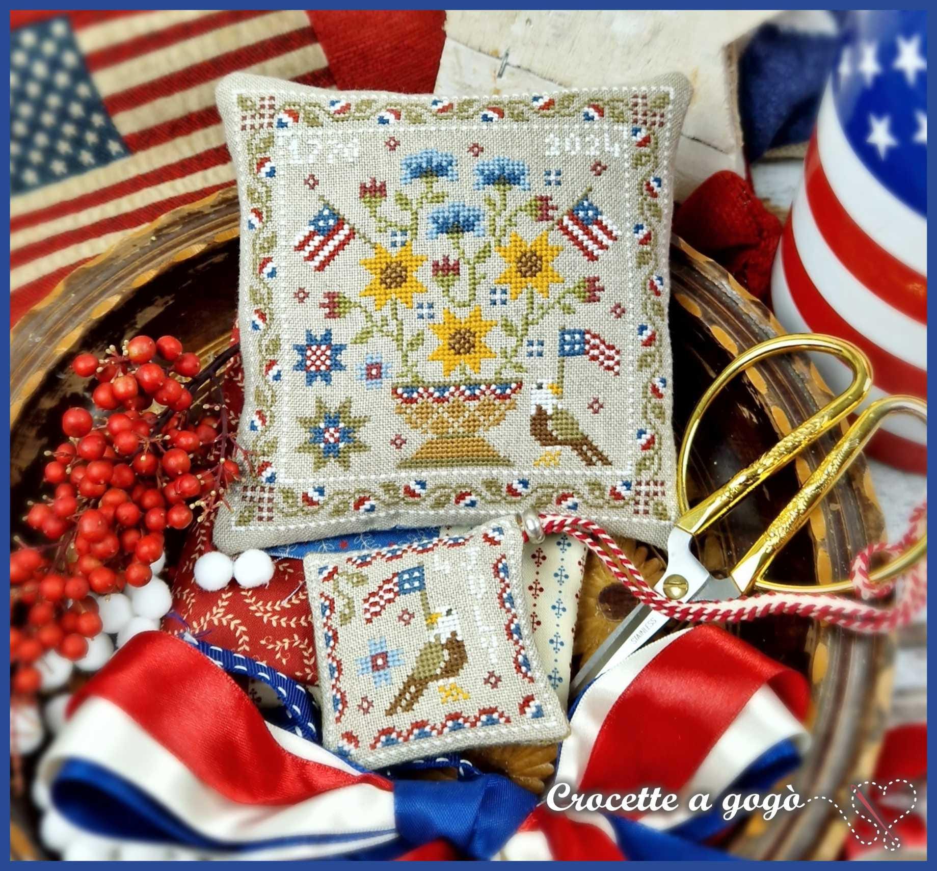 CROCETTE A GOGO "Patriotic Basket"  Counted Cross Stitch Pattern  with Scissor FOB, Flowers, Americana, Patriotic, Italy, Paper Pattern