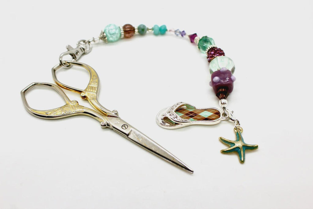 Kelly Clark Studio ~ Argyle FlipFlop Aqua & Plum Scissor Fob, Scissor Find, Lanyard Fob, Keyfob, Purse Fob