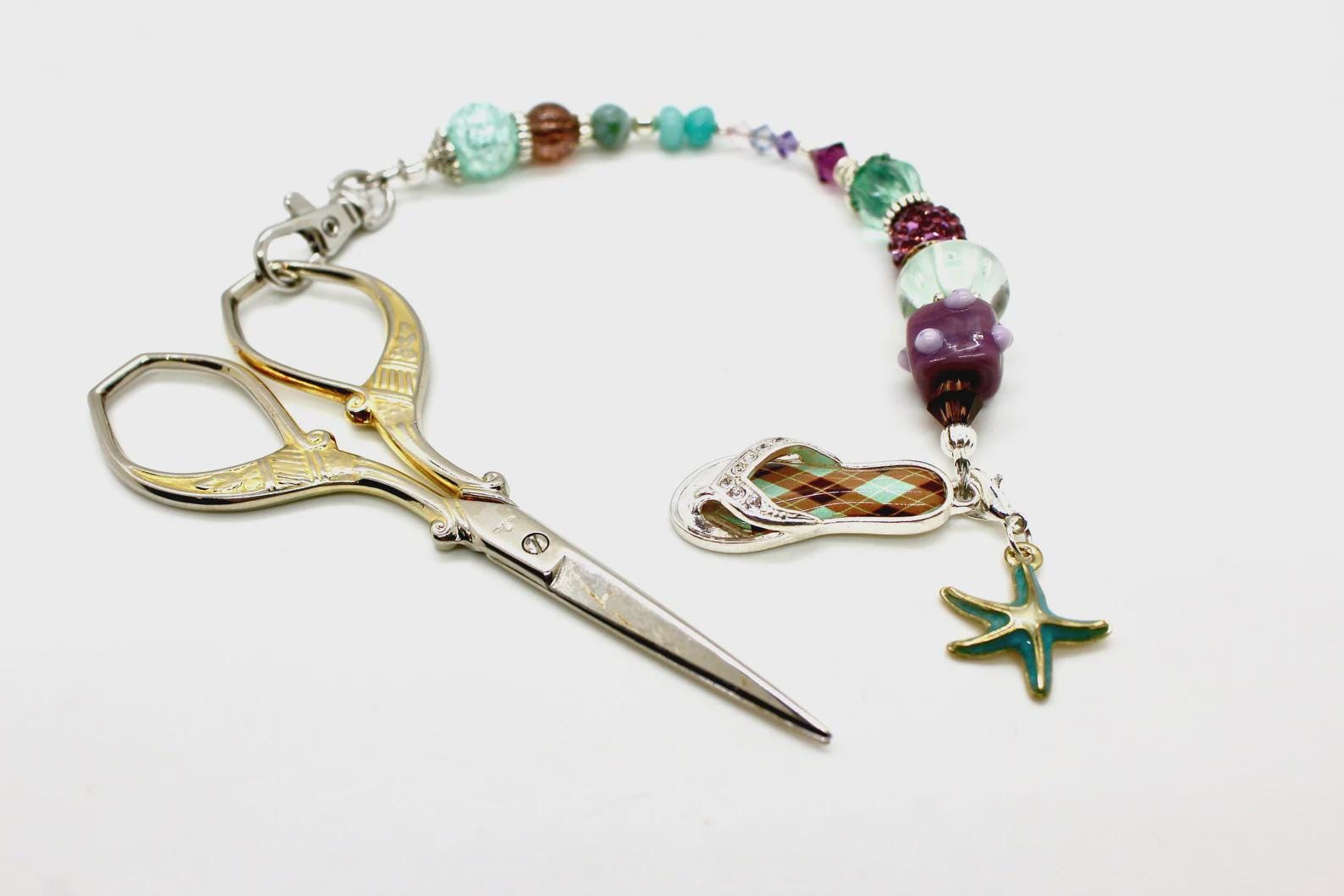 Kelly Clark Studio ~ Argyle FlipFlop Aqua & Plum Scissor Fob, Scissor Find, Lanyard Fob, Keyfob, Purse Fob
