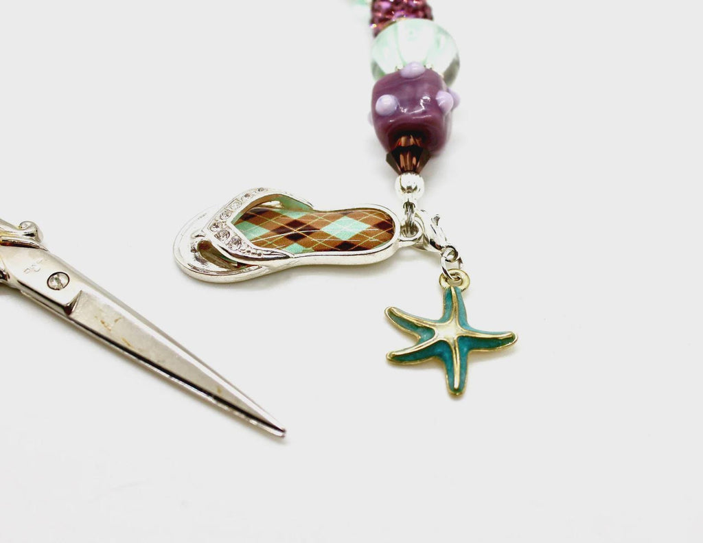 Kelly Clark Studio ~ Argyle FlipFlop Aqua & Plum Scissor Fob, Scissor Find, Lanyard Fob, Keyfob, Purse Fob