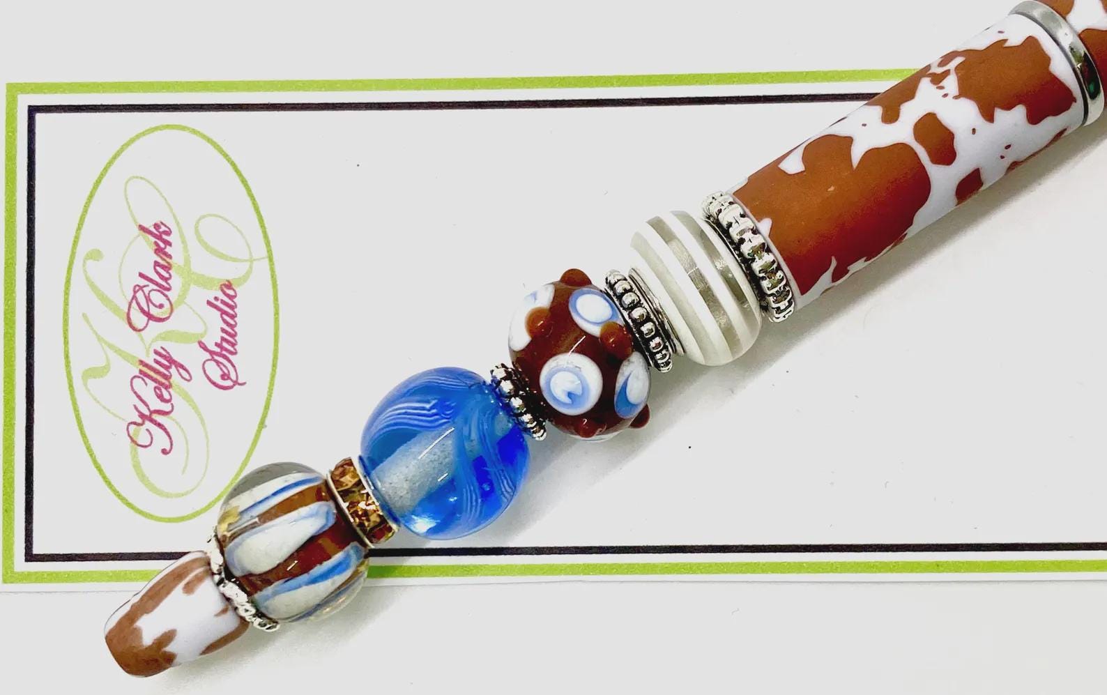 Kelly Clark Studio ~ Beaded Ink Pen in Brown & White Cow Print with Blue Accent