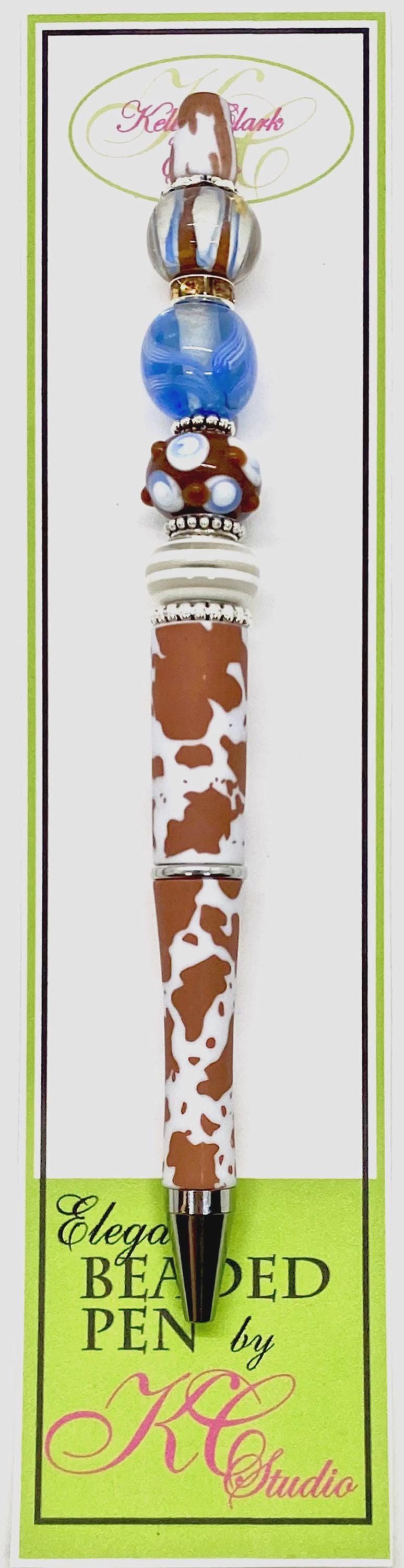 Kelly Clark Studio ~ Beaded Ink Pen in Brown & White Cow Print with Blue Accent