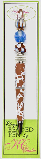 Kelly Clark Studio ~ Beaded Ink Pen in Brown & White Cow Print with Blue Accent