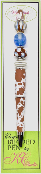Kelly Clark Studio ~ Beaded Ink Pen in Brown & White Cow Print with Blue Accent
