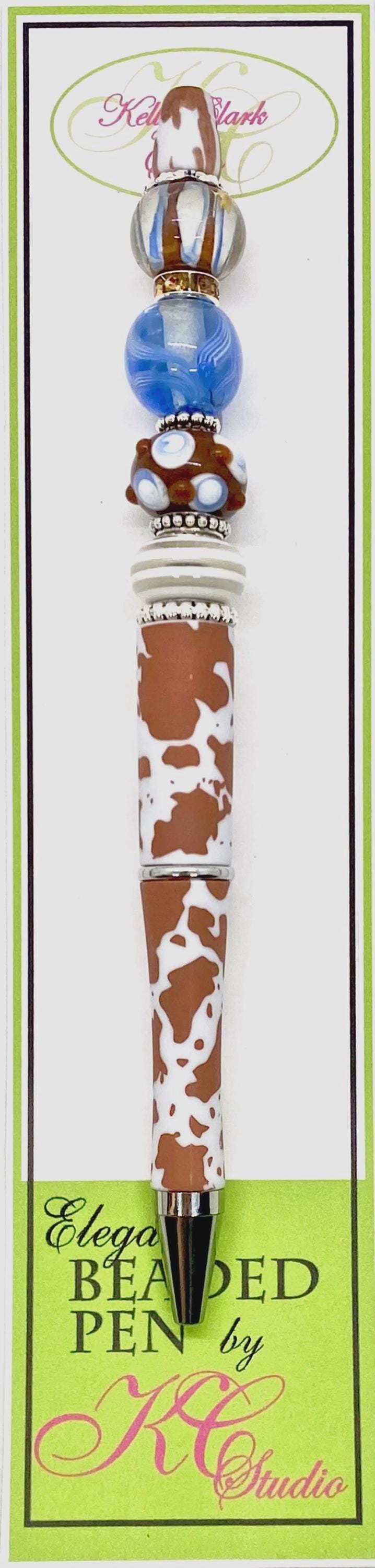 Kelly Clark Studio ~ Beaded Ink Pen in Brown & White Cow Print with Blue Accent