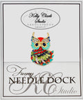 Kelly Clark Studio ~ Orange & Turquoise Owl Needle Minder, Needle Dock, Canvas Magnet, Needle Garage, Needleminder