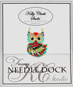 Kelly Clark Studio ~ Orange & Turquoise Owl Needle Minder, Needle Dock, Canvas Magnet, Needle Garage, Needleminder