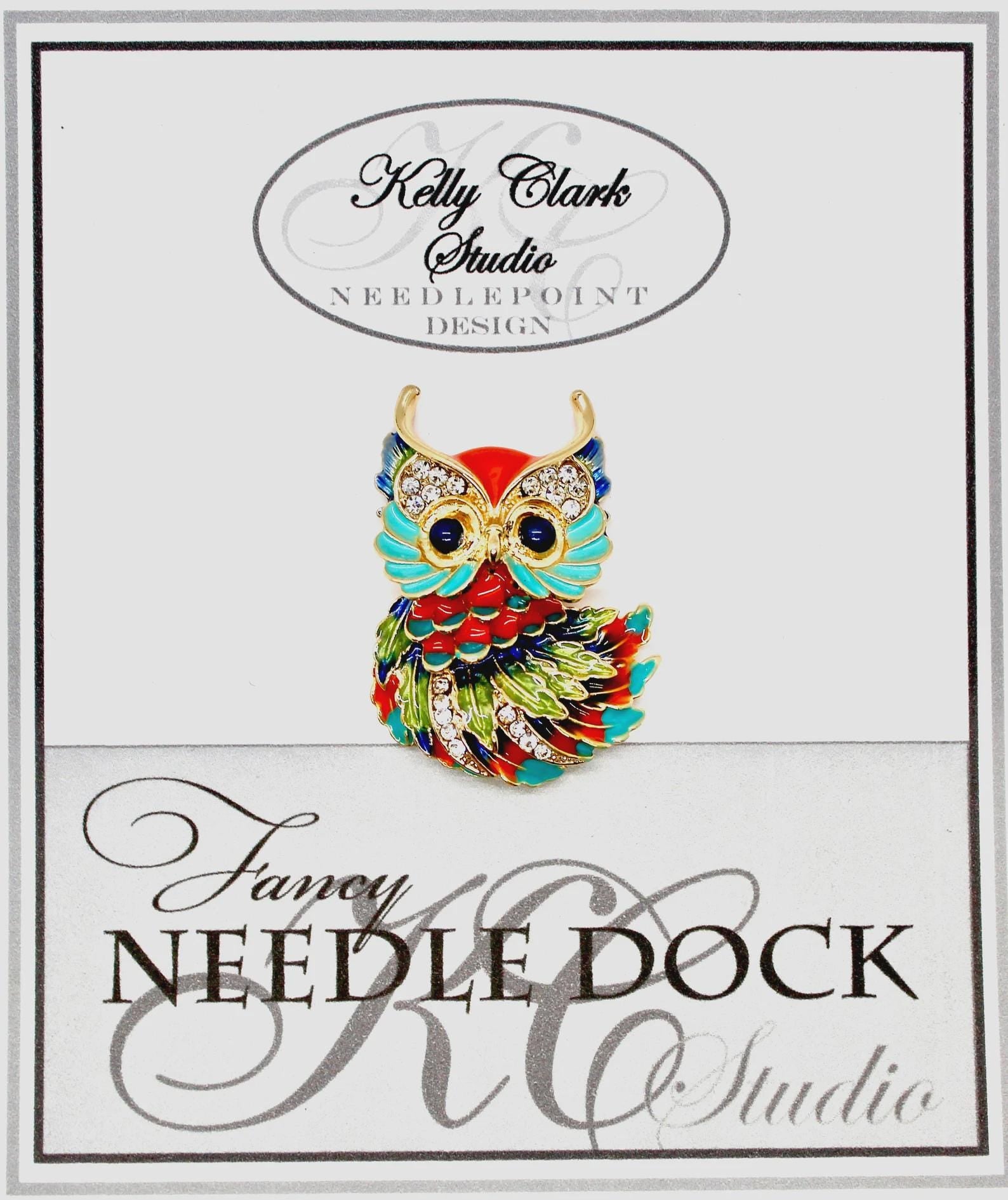 Kelly Clark Studio ~ Orange & Turquoise Owl Needle Minder, Needle Dock, Canvas Magnet, Needle Garage, Needleminder