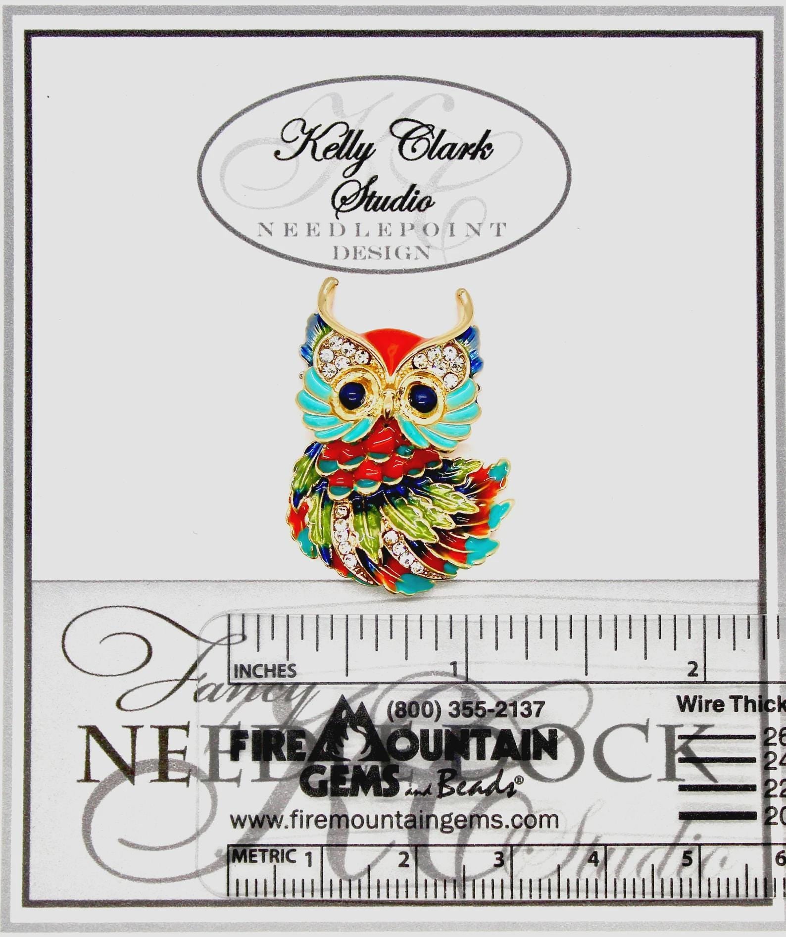 Kelly Clark Studio ~ Orange & Turquoise Owl Needle Minder, Needle Dock, Canvas Magnet, Needle Garage, Needleminder