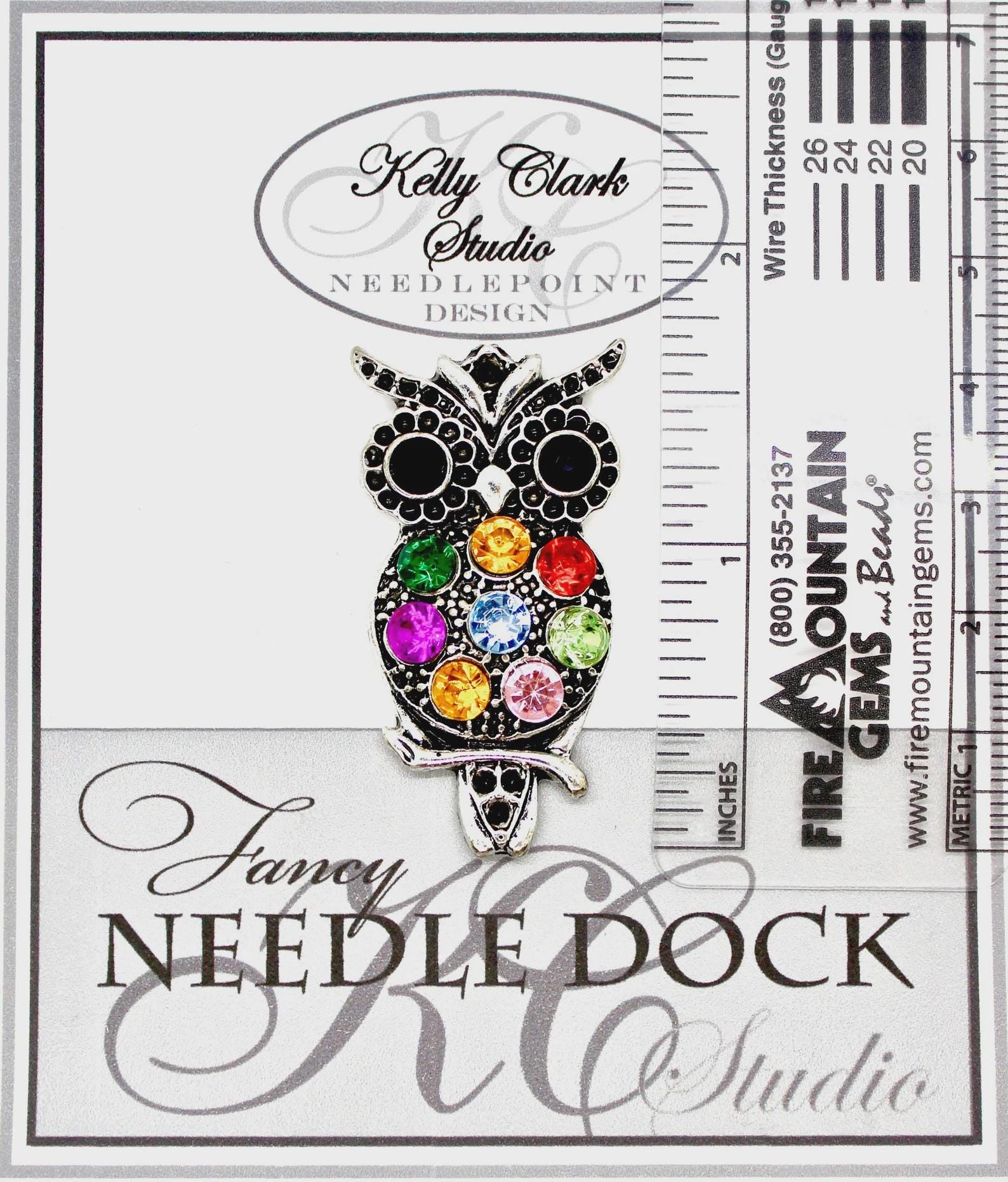 Kelly Clark Studio ~ RAINBOW HORNED OWL Needle Minder, Needle Dock, Canvas Magnet, Needle Garage, Needleminder