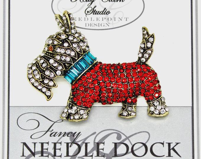 Kelly Clark Studio ~ Scotty Dog In Red Sweater Needle Minder, Needle Dock, Canvas Magnet, Needle Garage, Needleminder