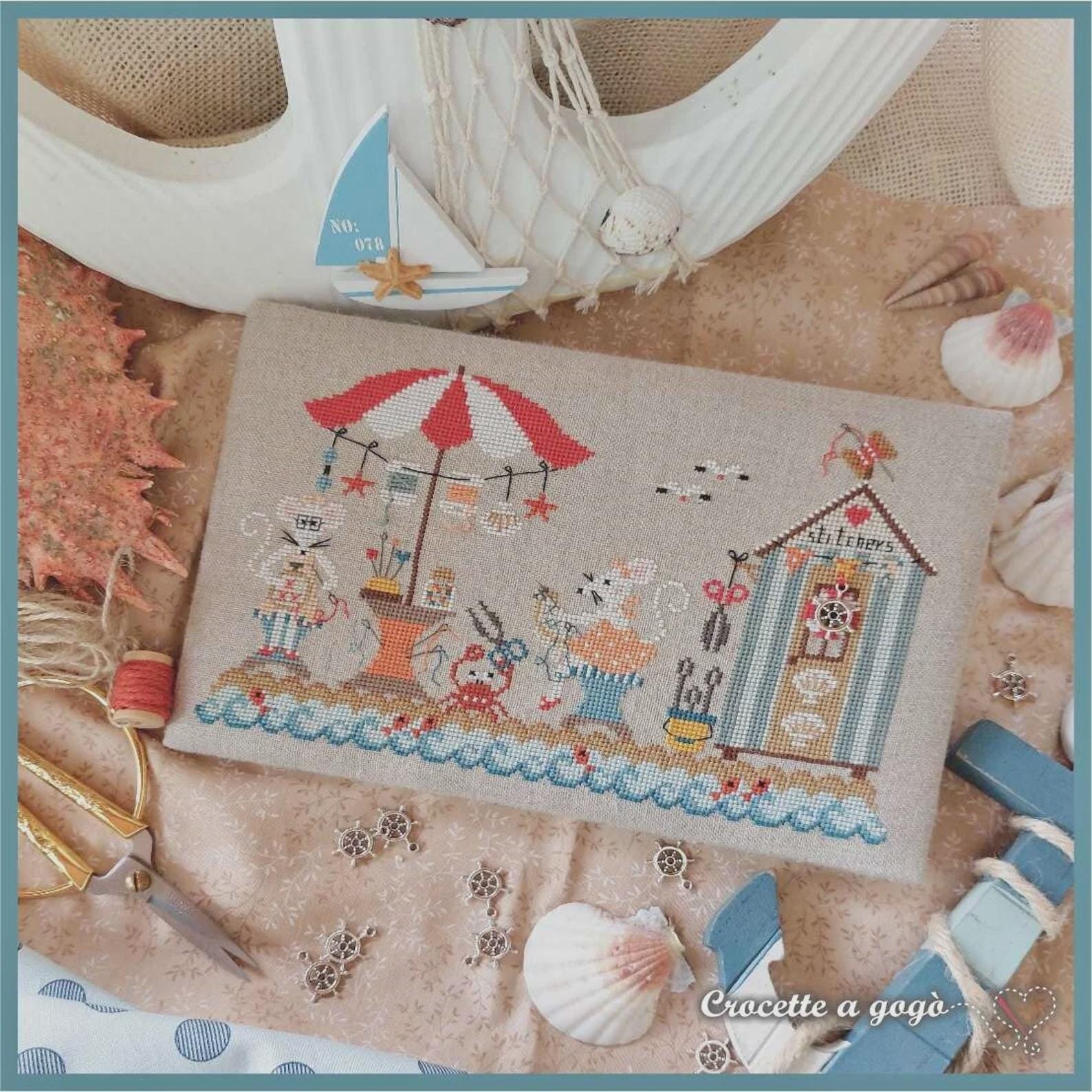 CROCETTE A GOGO "Cross Stitch On The Beach" Counted Cross Stitch Pattern & Charm, Summer, Beach, Sea, Crab, Fish, Stitchers Cabana, Chart