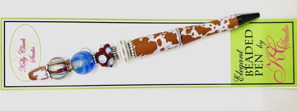 Kelly Clark Studio ~ Beaded Ink Pen in Brown & White Cow Print with Blue Accent