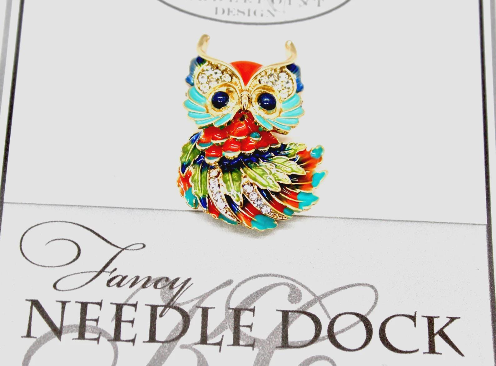 Kelly Clark Studio ~ Orange & Turquoise Owl Needle Minder, Needle Dock, Canvas Magnet, Needle Garage, Needleminder