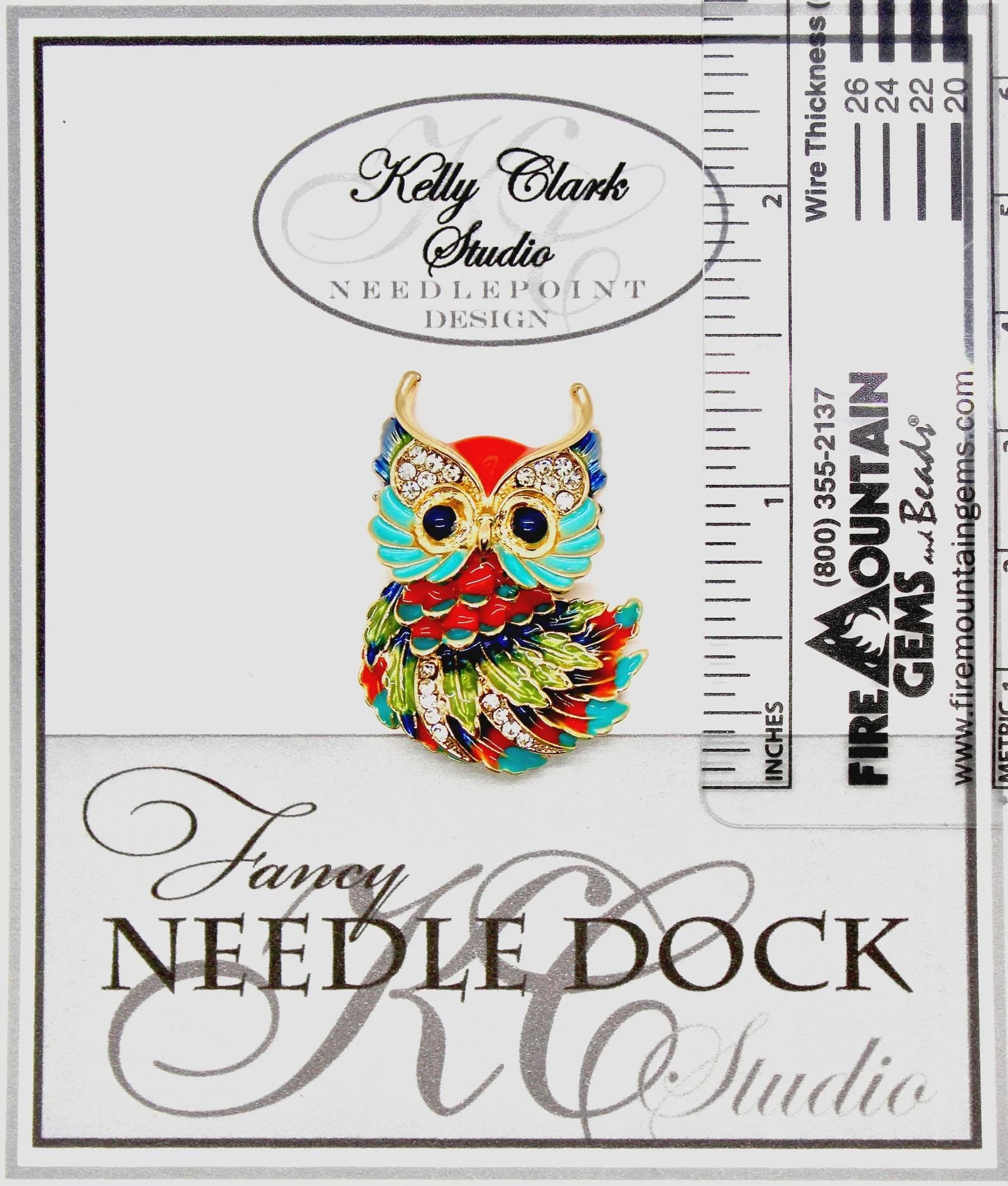 Kelly Clark Studio ~ Orange & Turquoise Owl Needle Minder, Needle Dock, Canvas Magnet, Needle Garage, Needleminder