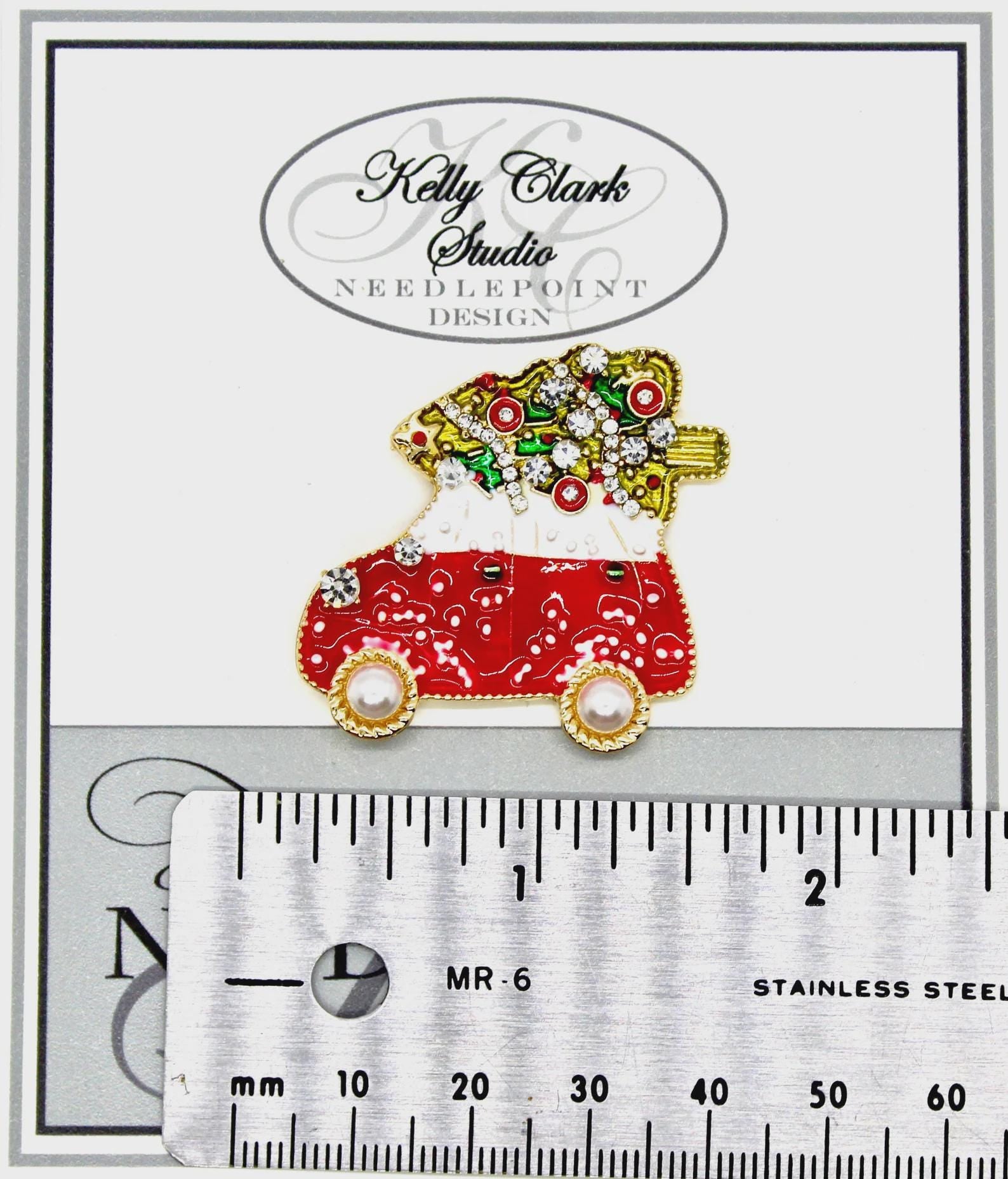 Kelly Clark Studio ~ Car With Christmas Tree Needle Minder, Needle Dock, Canvas Magnet, Needle Garage, Needleminder