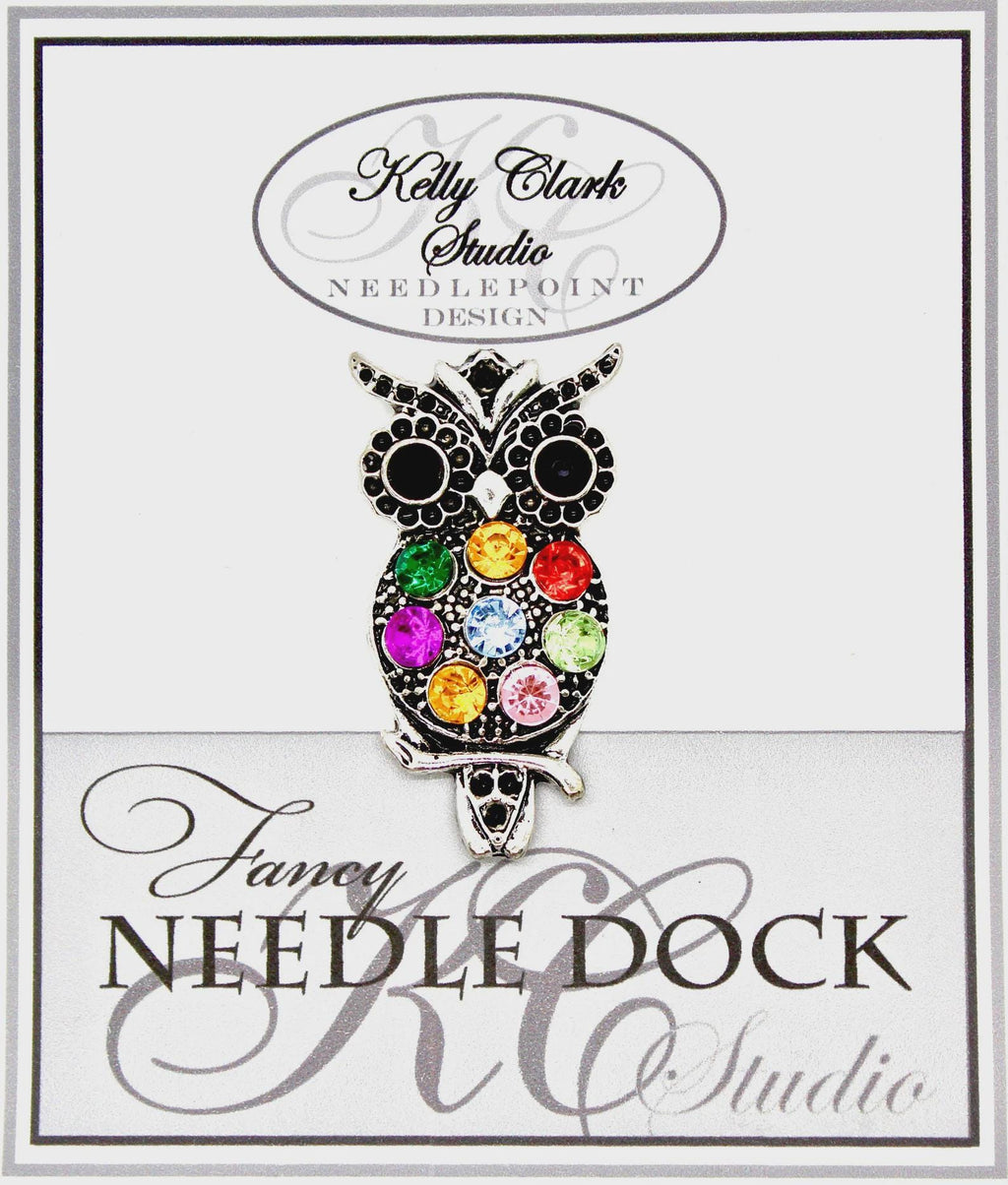 Kelly Clark Studio ~ RAINBOW HORNED OWL Needle Minder, Needle Dock, Canvas Magnet, Needle Garage, Needleminder