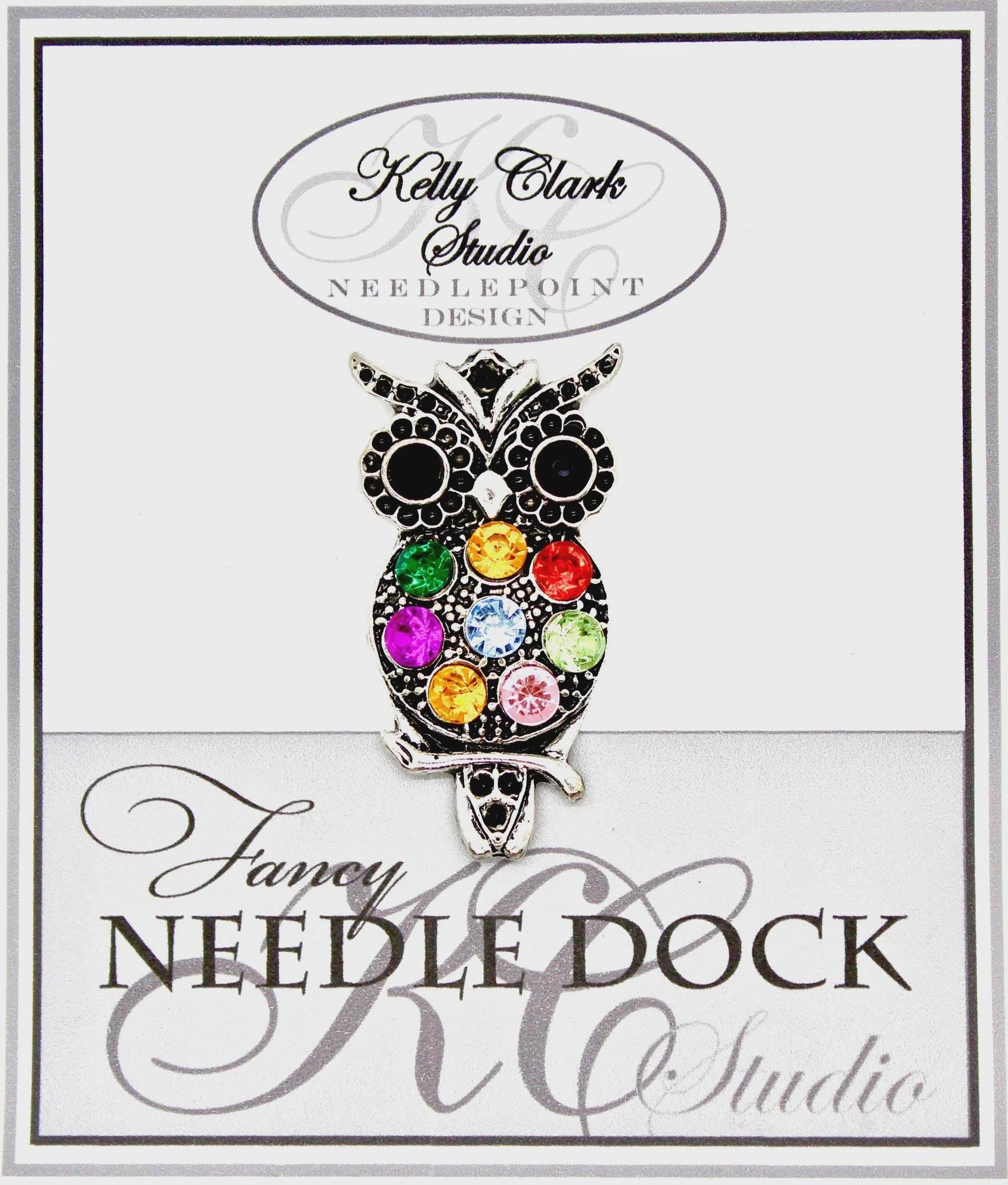 Kelly Clark Studio ~ RAINBOW HORNED OWL Needle Minder, Needle Dock, Canvas Magnet, Needle Garage, Needleminder