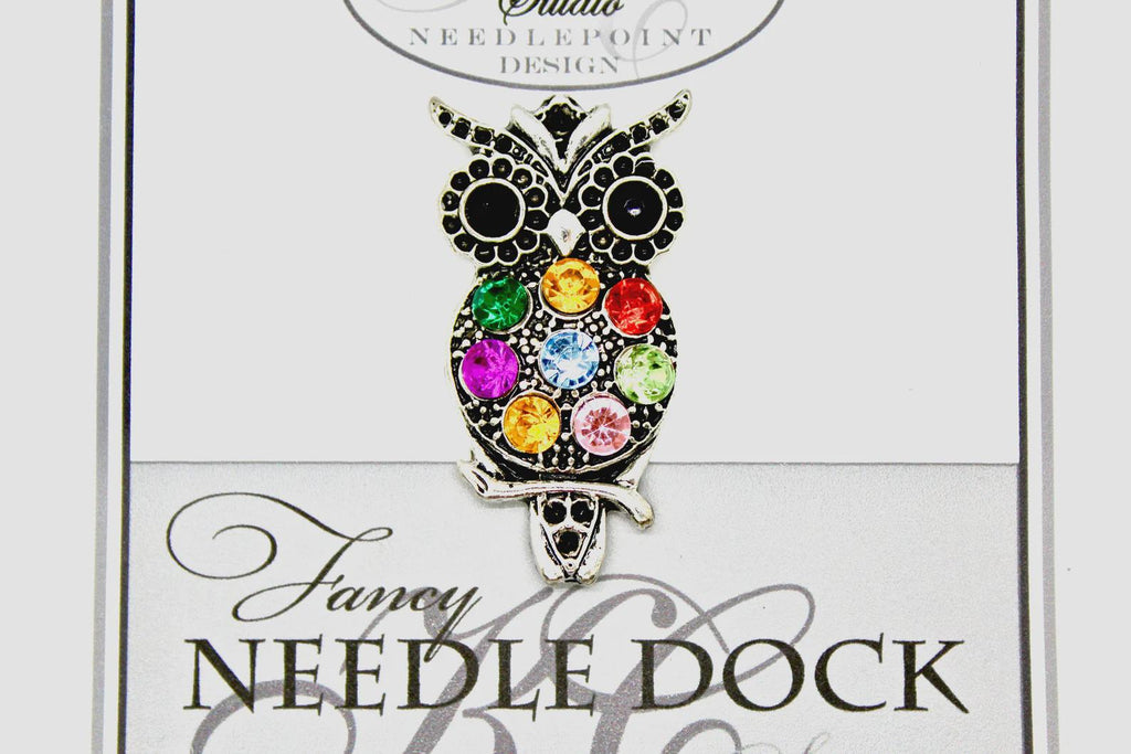 Kelly Clark Studio ~ RAINBOW HORNED OWL Needle Minder, Needle Dock, Canvas Magnet, Needle Garage, Needleminder