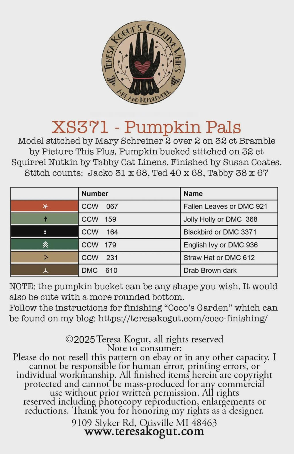 Teresa Kogut Creative Whims "Pumpkin Pals" Counted Cross Stitch Pattern, Chart, Pattern Only