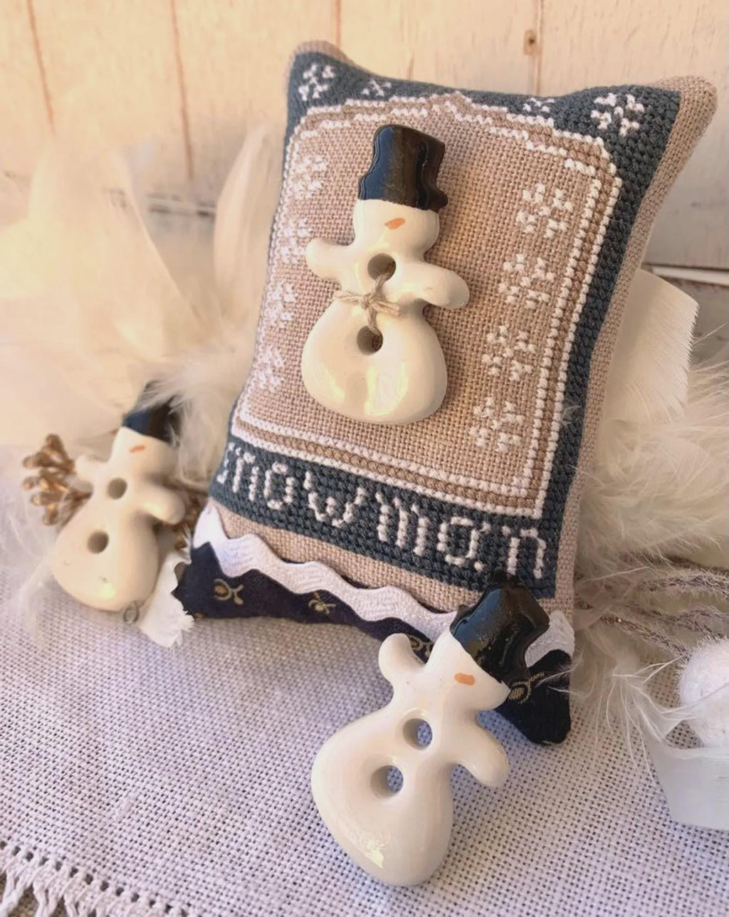 ROVARIS ~ "Snowman Ceramic Little Cushion Kit" Counted Cross Stitch Pattern + KIT, Handcrafted from Samone, Italy