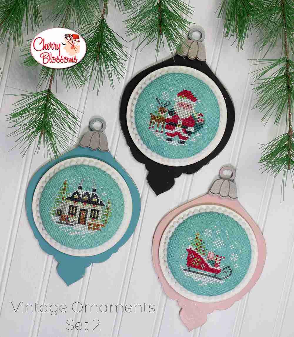 CHERRY BLOSSOMS "Vintage Ornaments - Set Two" Counted Cross Stitch Pattern, Santa, Sleigh, Little House, Needlework Marketplace 2024