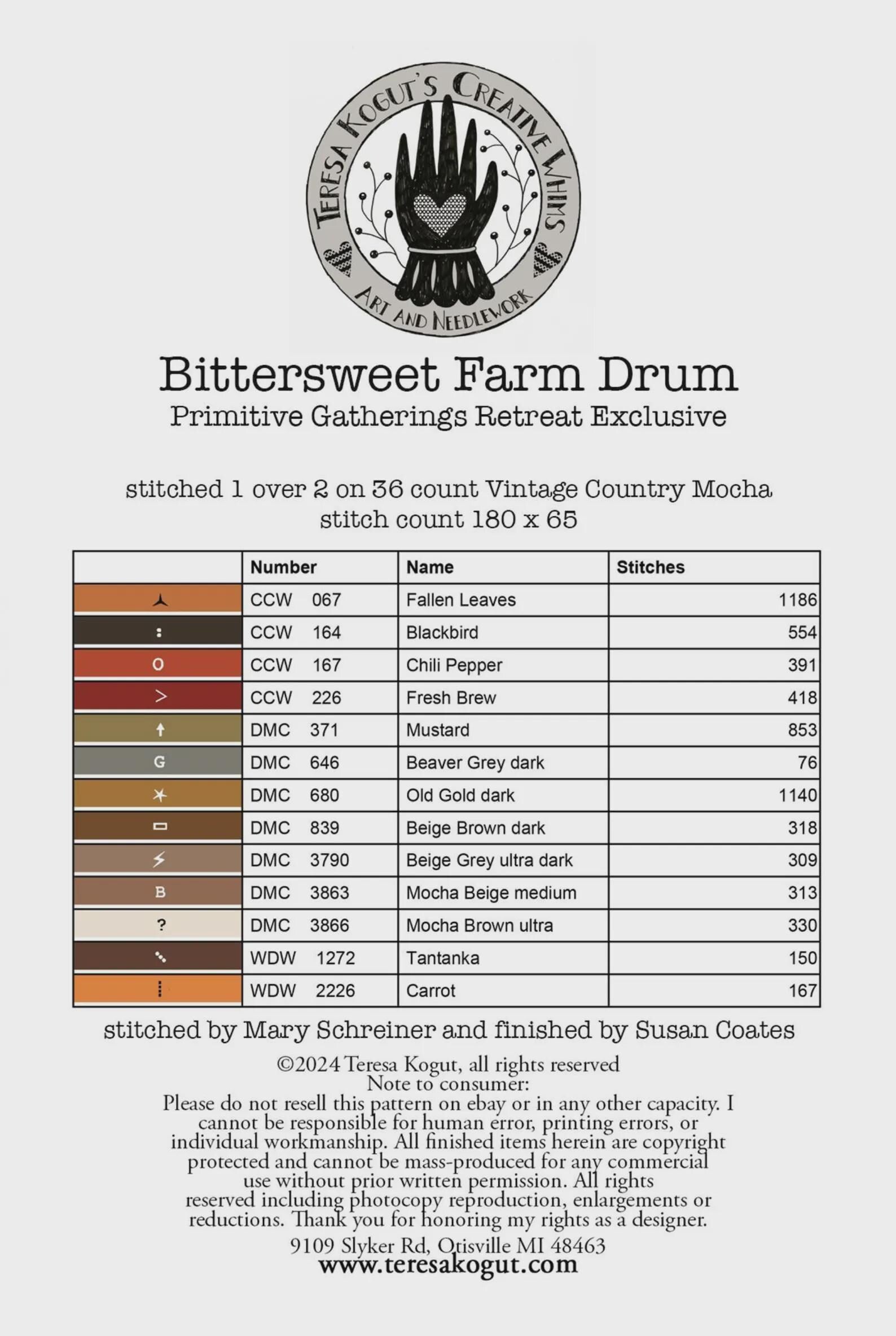 Teresa Kogut Creative Whims "Bittersweet Drum" Counted Cross Stitch Pattern, Chart, Pattern Only