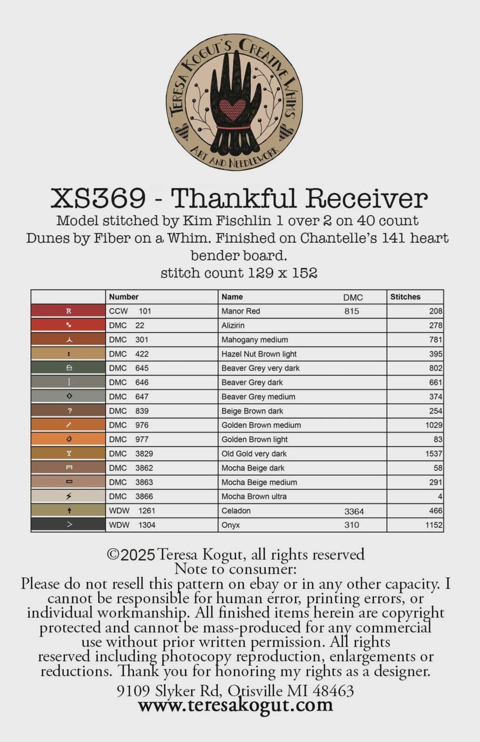 Teresa Kogut Creative Whims "Thankful" Counted Cross Stitch Pattern, Chart, Pattern Only