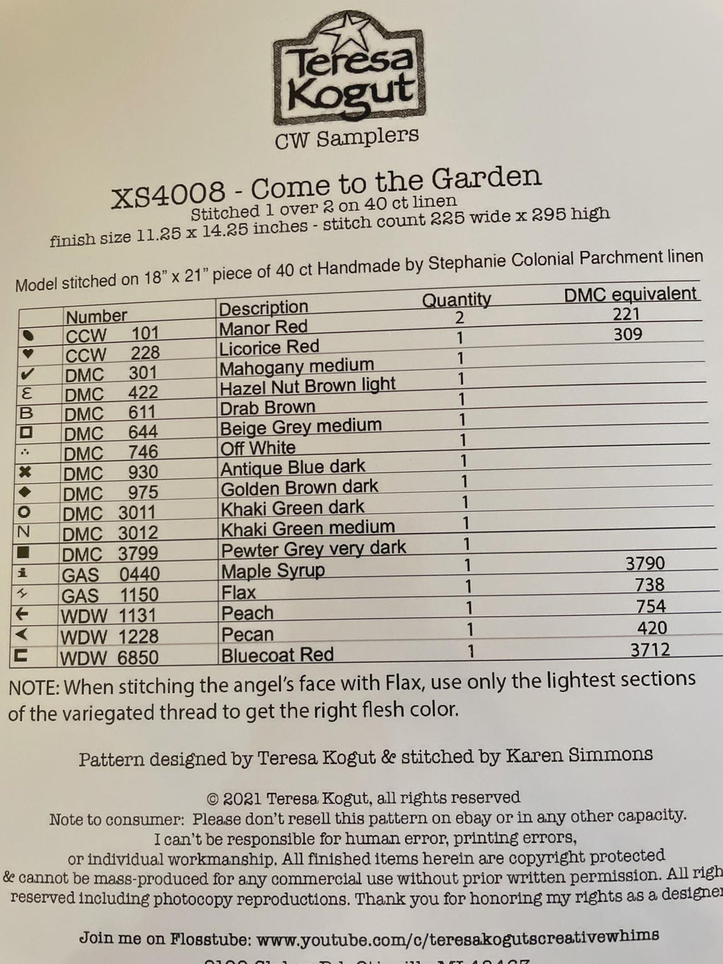 Teresa Kogut Creative Whims "Come To The Garden" Counted Cross Stitch Pattern, Sampler, Chart, Pattern Only