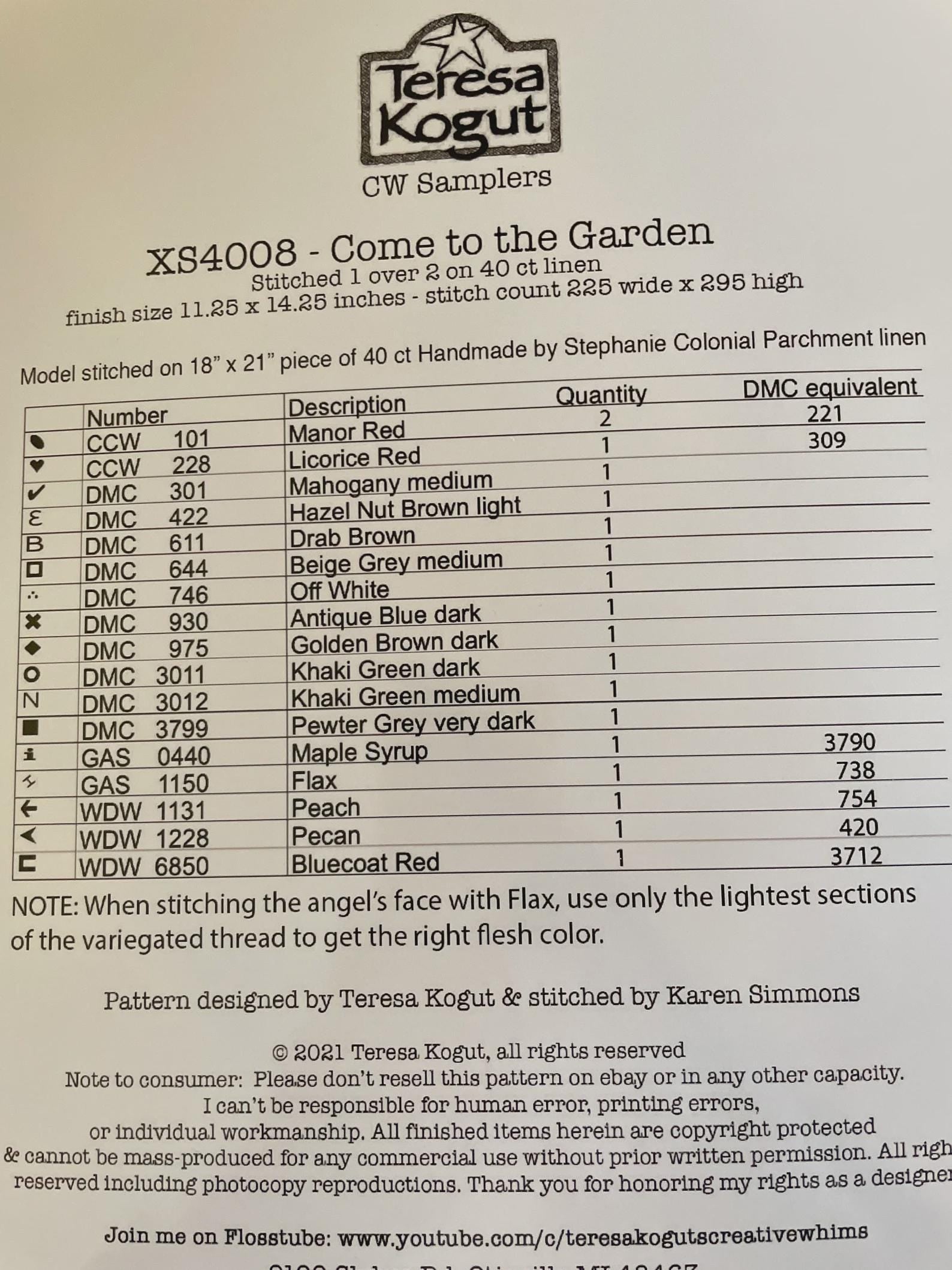 Teresa Kogut Creative Whims "Come To The Garden" Counted Cross Stitch Pattern, Sampler, Chart, Pattern Only