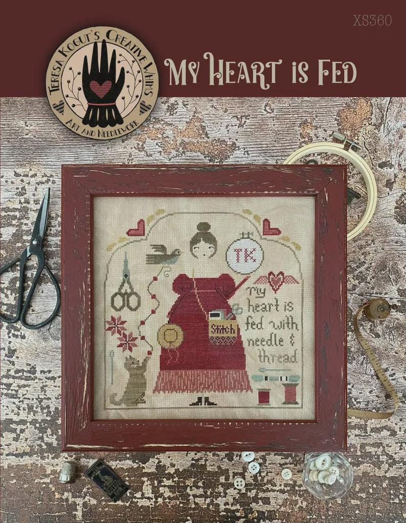 Teresa Kogut Creative Whims "My Heart Is Fed" Counted Cross Stitch Pattern, Sampler, Chart, Pattern Only