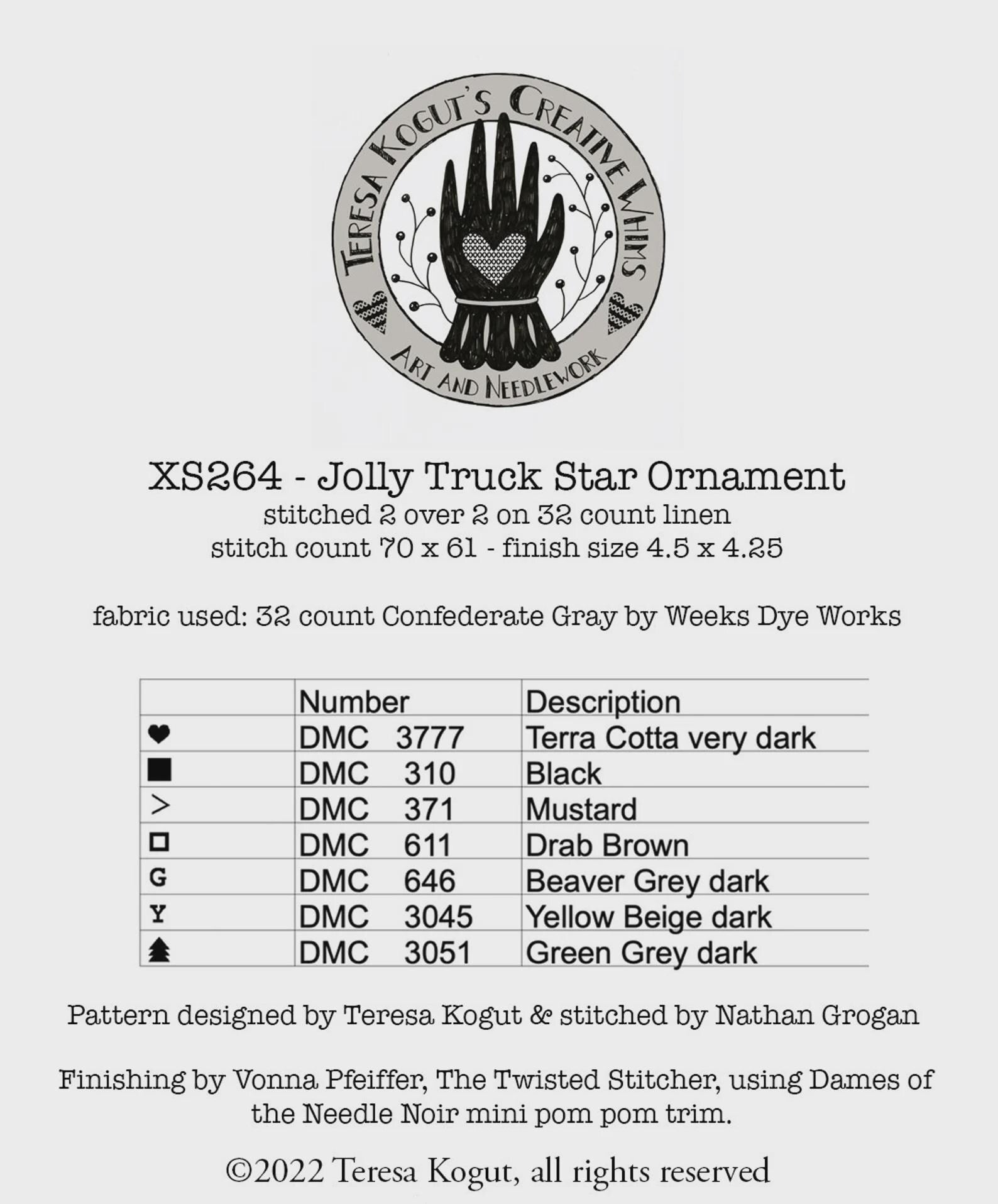 TERESA KOGUT'S Creative Whims "Jolly Truck Star Ornament"  Counted Cross Stitch Pattern  Christmas, Pattern Only