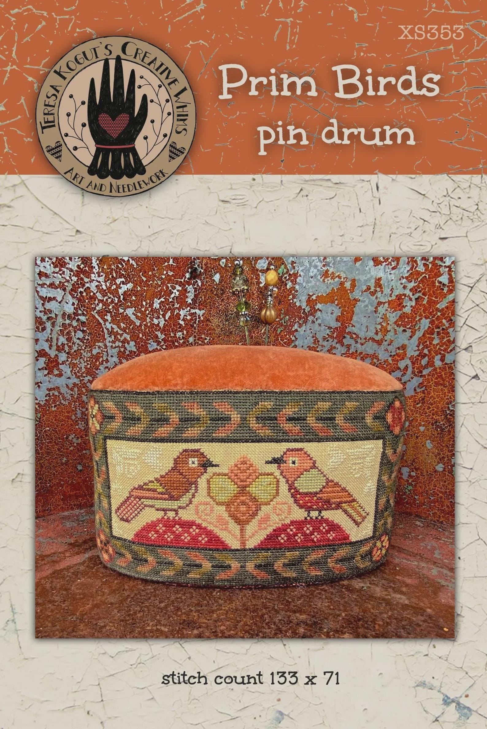 TERESA KOGUT "Prim Birds Pin Drum"  Cross Stitch Pattern  Autumn, Fall, Pattern Only