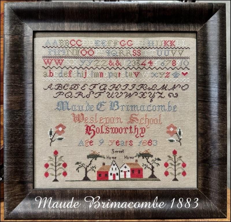 THE SCARLETT HOUSE "Maude Brimacombe 1883" Counted Cross Stitch Pattern, Antique Reproduction Sampler, 2025 Needlework Marketplace Release