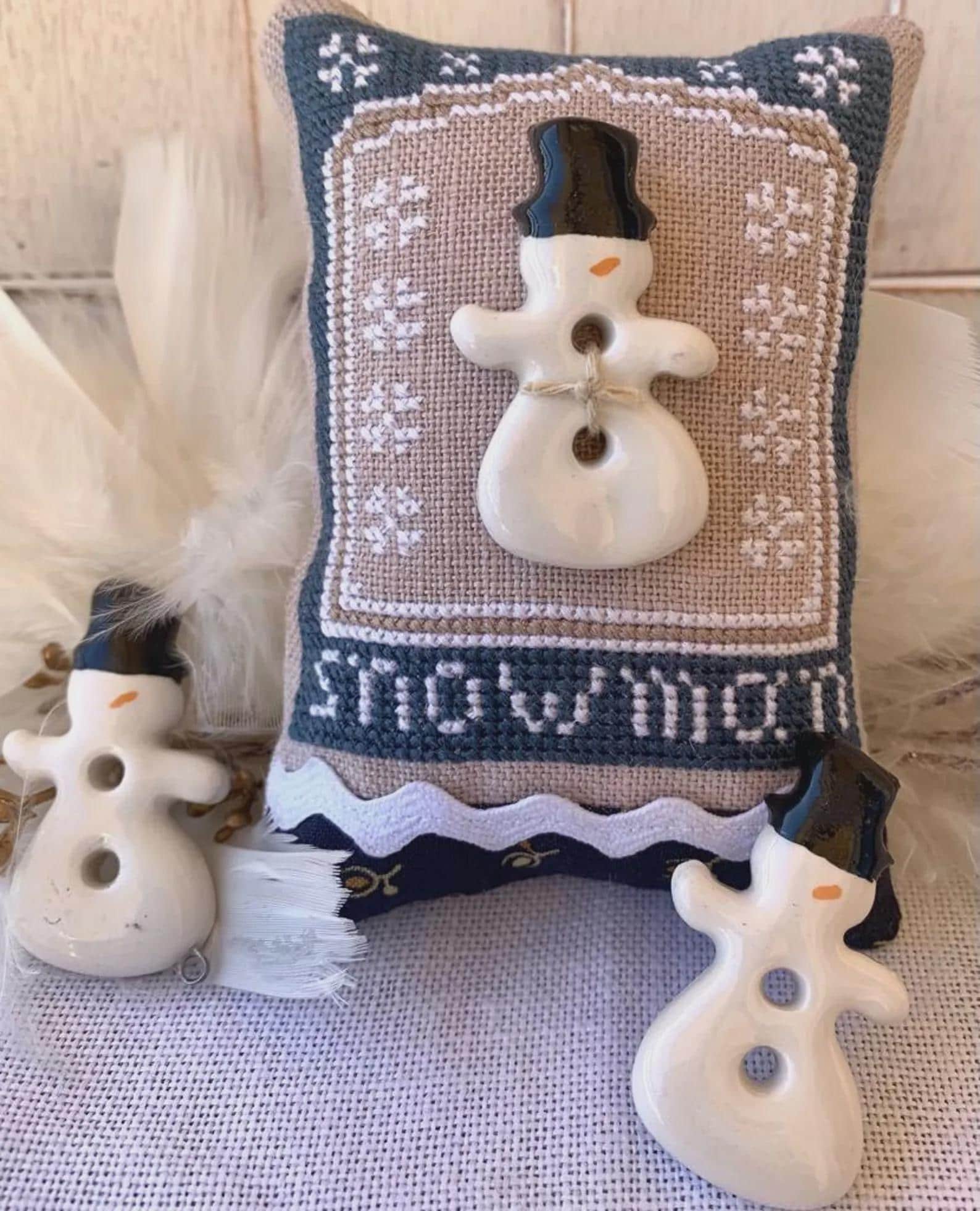 ROVARIS ~ "Snowman Ceramic Little Cushion Kit" Counted Cross Stitch Pattern + KIT, Handcrafted from Samone, Italy