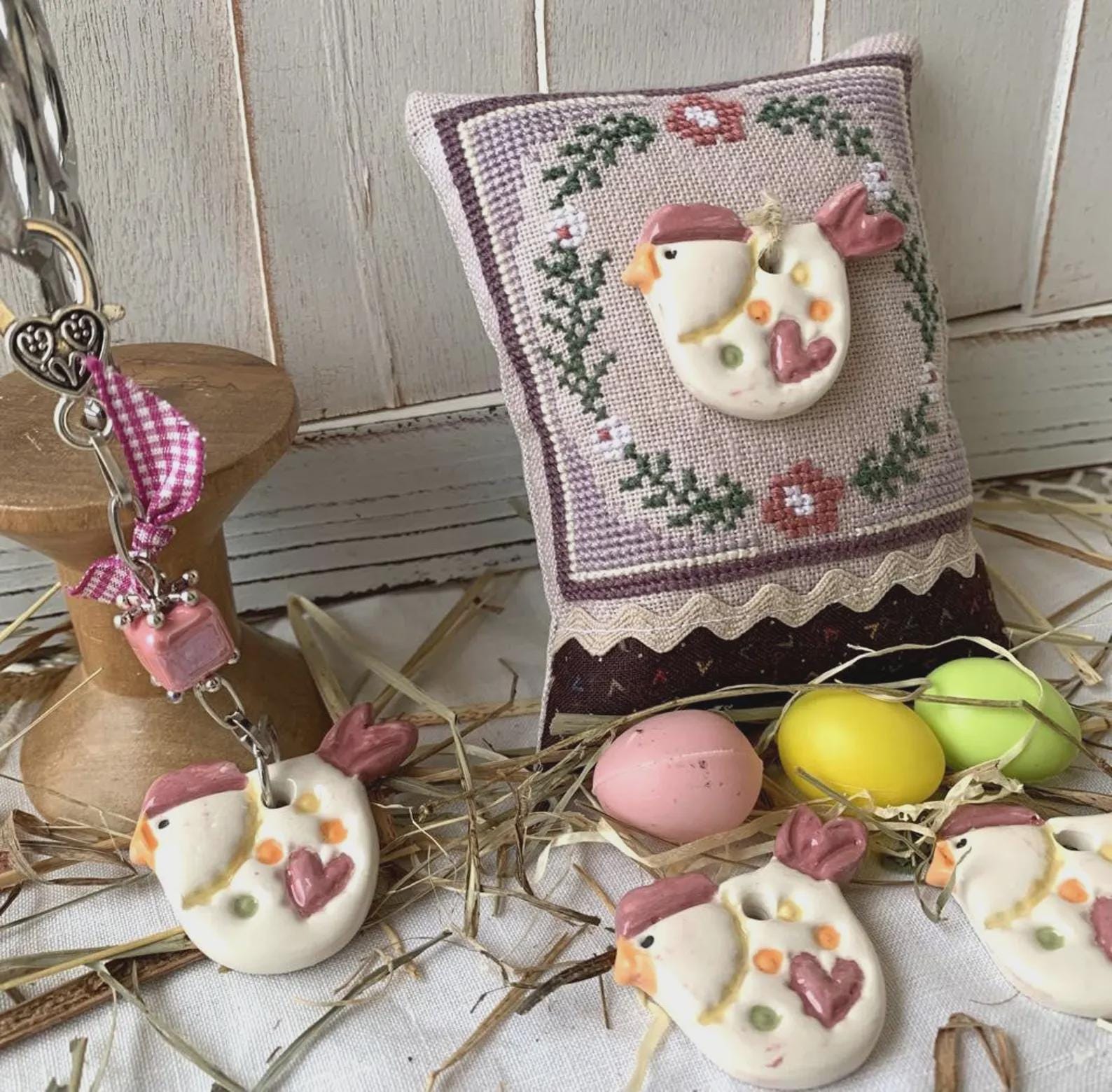 ROVARIS ~ "Little Hen Ceramic Little Cushion Kit" Counted Cross Stitch Pattern + KIT, Handcrafted from Samone, Italy