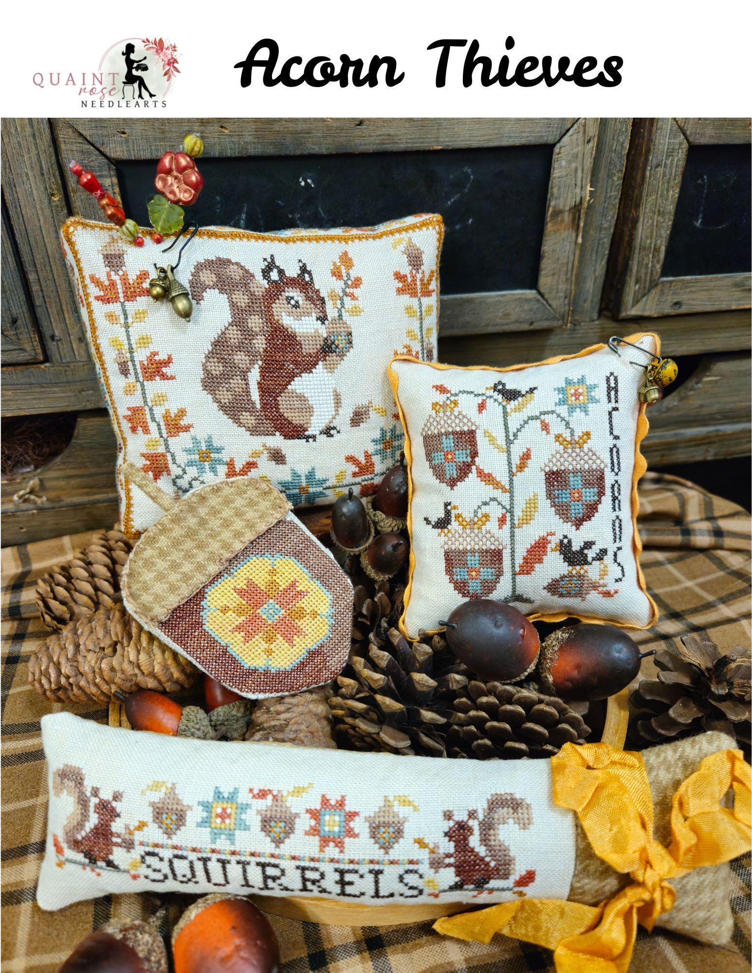 QUAINT ROSE NEEDLEARTS "Acorn Thieves" Counted Cross Stitch Pattern, Sampler, Chart, Set of 4, Needlework Marketplace 2025, Pattern Only