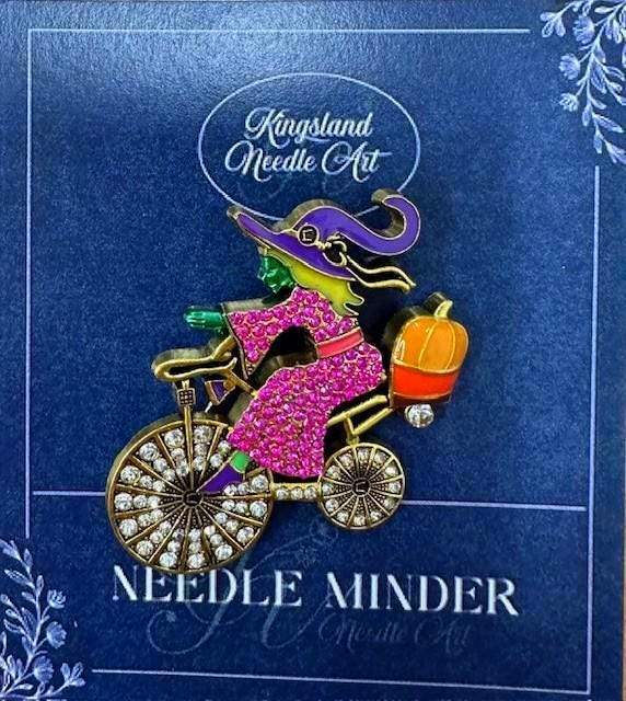 KINGSLAND NEEDLE MINDER ~ Halloween Cycling Witch Needle Minder, Needle Dock, Canvas Magnet, Needle Garage, Needleminder