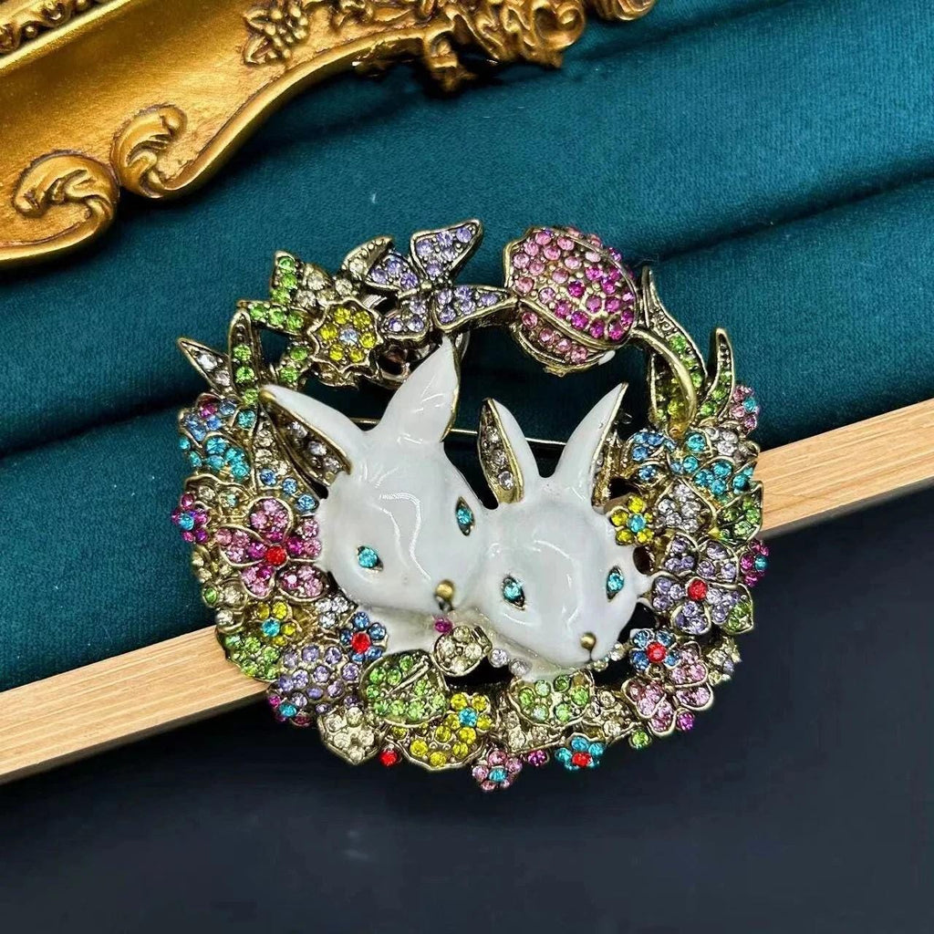 Wonderful Retro Flower Wreath Rabbit Brooch