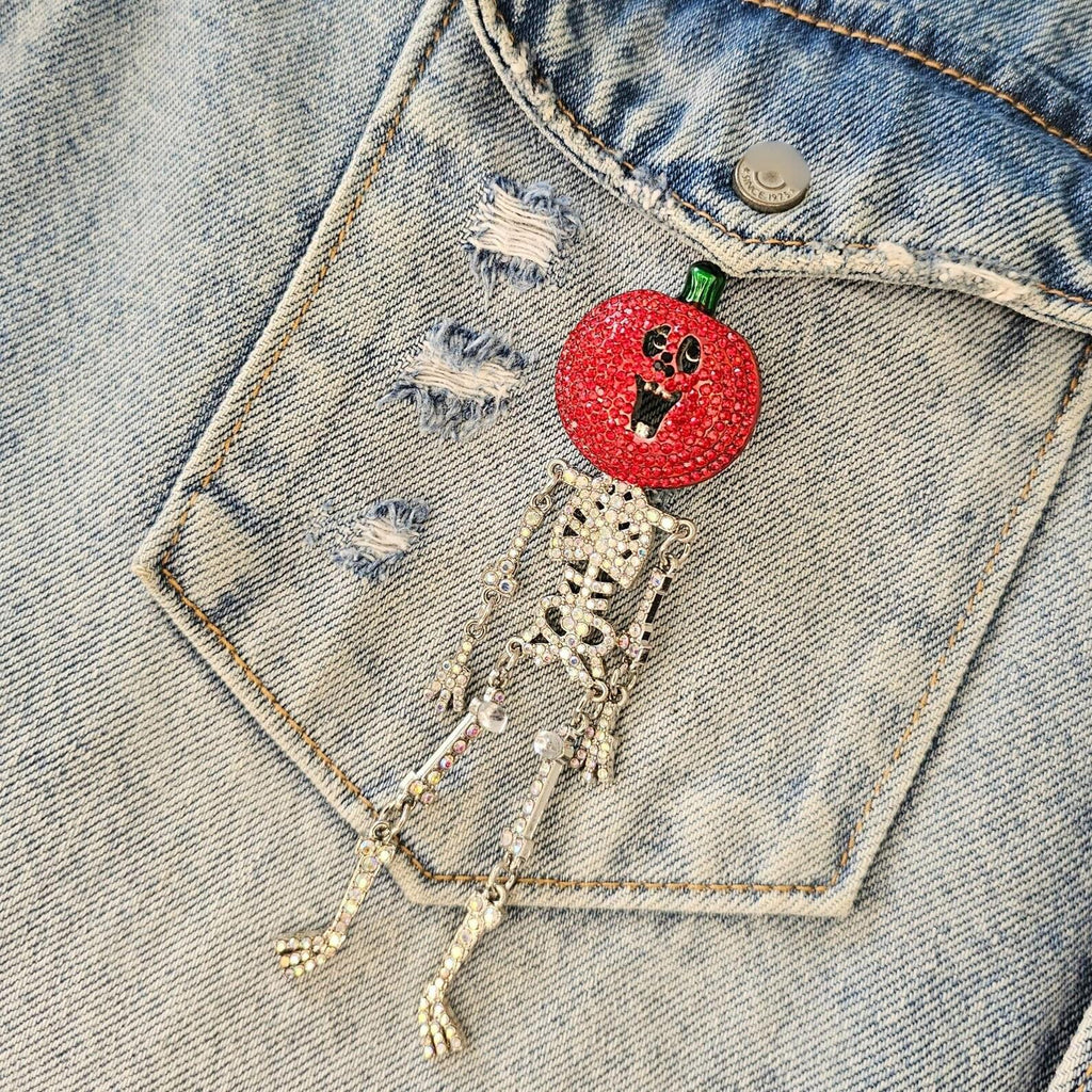 Pumpkin Skeleton Rhinestone Brooch ~ Halloween, Jewelry, Pin